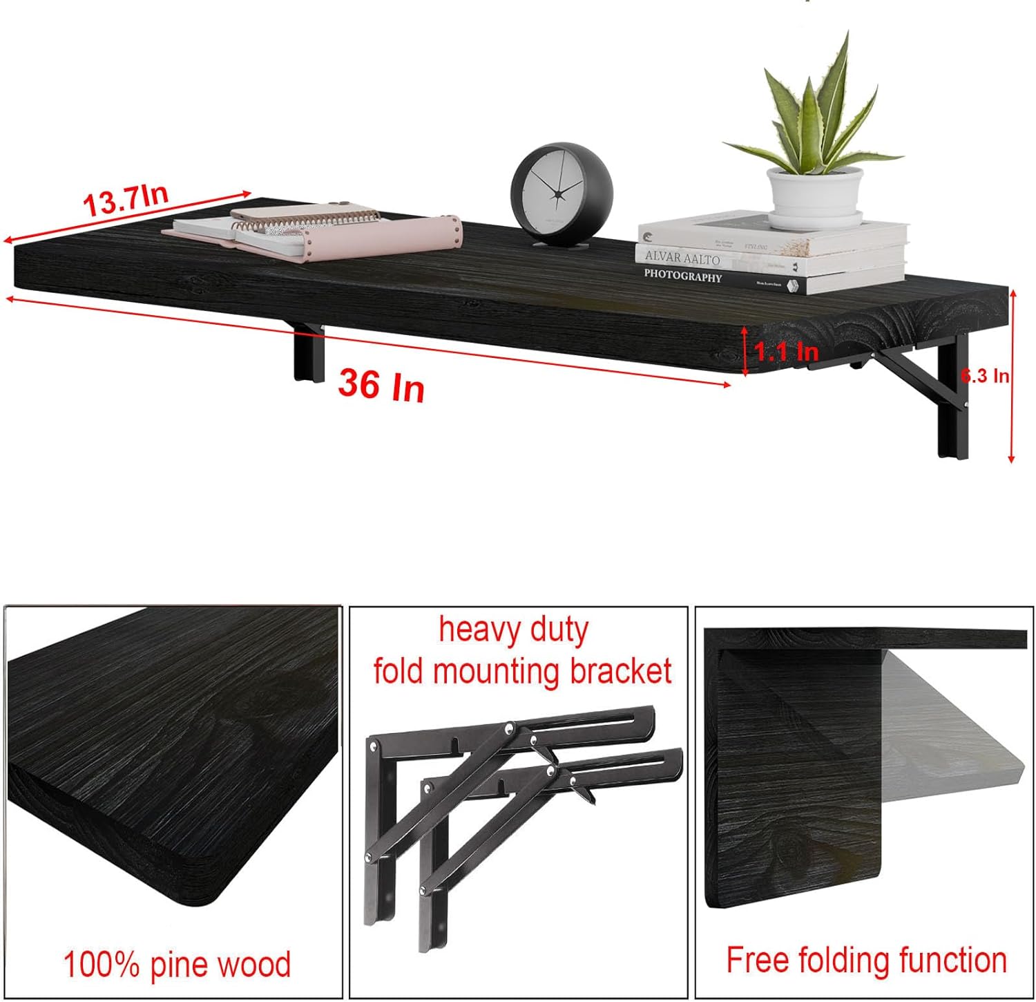 IAE Wall Mounted Folding Table with Pine Wood,36" x 14" Floating Wall Desk,Laundry Folding Table with Shelf Brackets,Fold Down Desk Shelf,Folding Workbench for Home,Dining,Laundry Room,Kitchen,Black