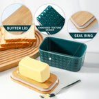 Hasense Ceramic Butter Dish with Lid, Large Butter Container for Countertop Airtight Butter Stick Covered Keeper, Embossed Pattern,Easy Clean Dishwasher Safe, Green