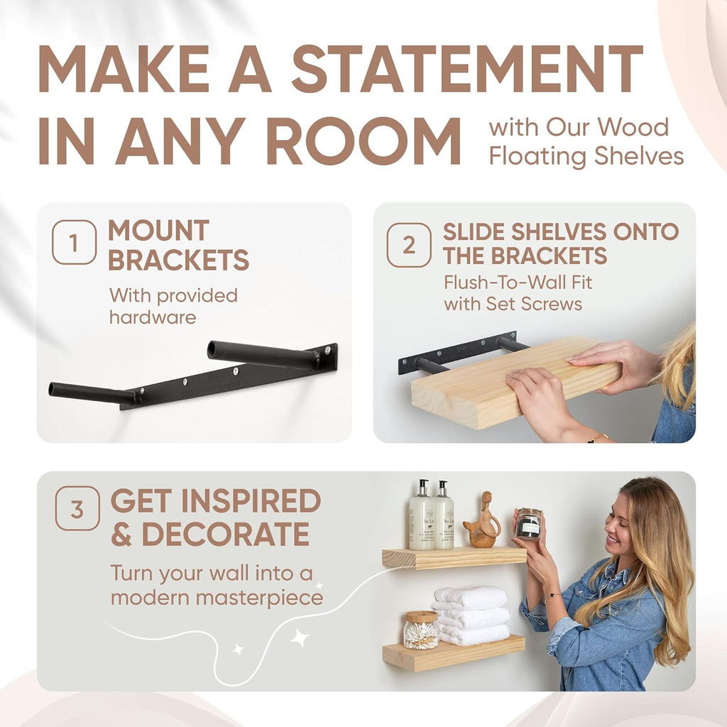 Homeforia 18 inch Wood Floating Shelves, High End Solid Natural Wood 18inch Floating Shelf for Wall Mounted, Unfinished Wooden 18in Floating Shelves, Heavy Duty Bracket, 18 X 6.5 X 1.75 inch, Set of 4