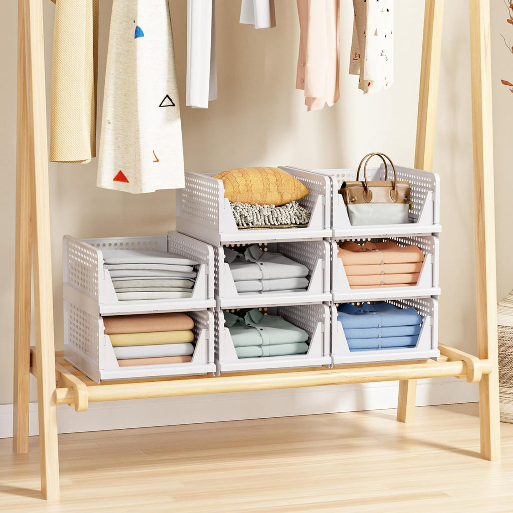5 Pack Stackable Closet Storage Basket - Stackable Storage Bins, Multifunctional & Foldable Closet Organizer Waterproof, Wardrobe Cupboard Space-Saving Hat Storage Drawer Organizer, White