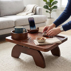 Foldable Sofa Arm Tray, Wood Couch Armrest Table with 360 Rotatable Phone Stand & Cup Holder for Living Room Snacks, Drinks, Books, Remotes (Brown)