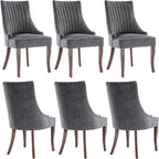 mikibama Linen Dining Chairs Set of 6 Channel Tufted Kitchen Dinner Chair Comfy Fabric Upholstered Accent Chair for Dining Room with Solid Wood Legs (Grey 6pc)