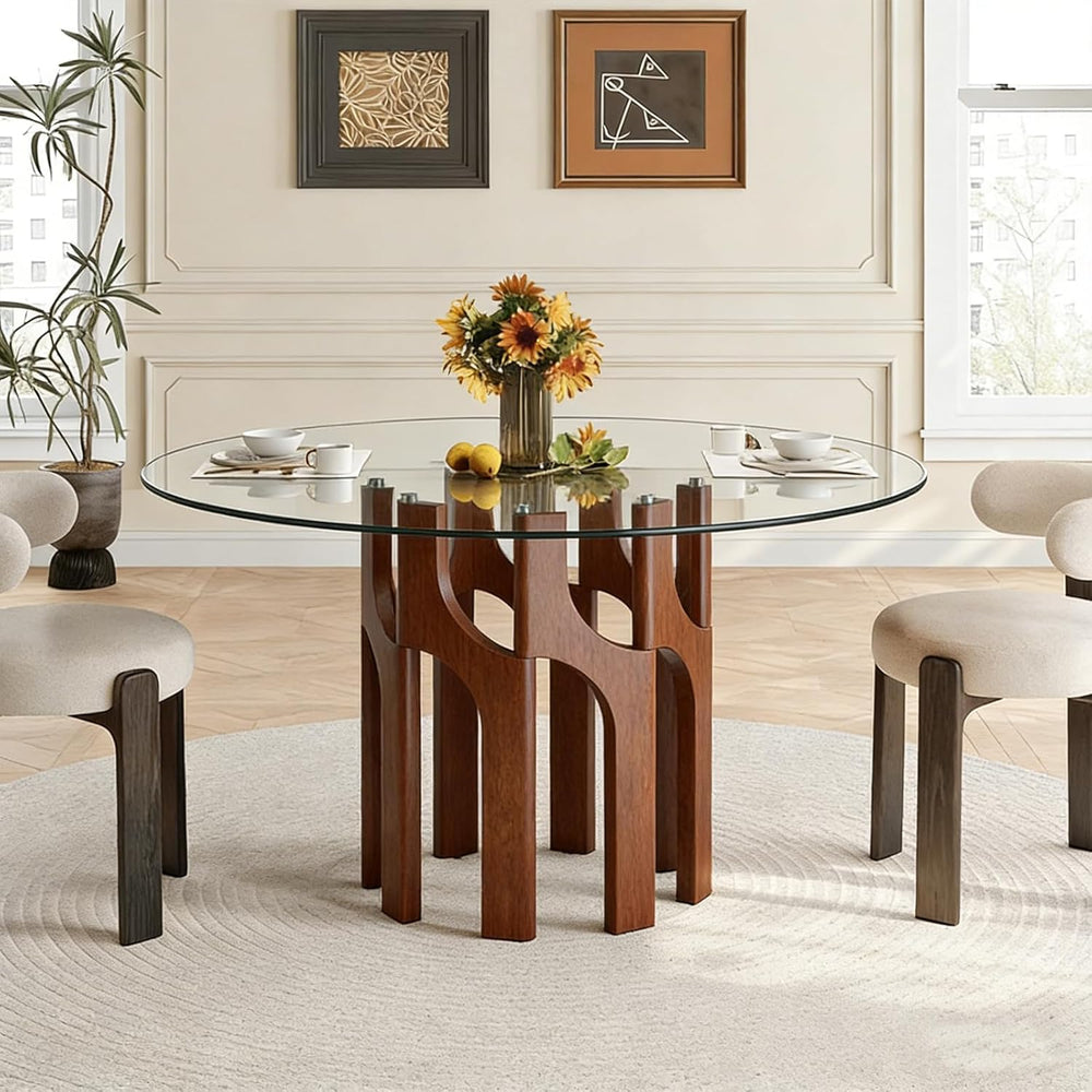 Round Glass Dining Table for 4-6, Modern 46-Inch Kitchen Table with Sturdy Pe...