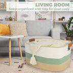 Large Woven Basket, 108L Rectangular Woven Storage Basket with Leather Handles, Stylish Organizer Bin for Home, Office, Laundry, Toys, or Blankets, 25’’*16’’*16’’ White & Green & Jute