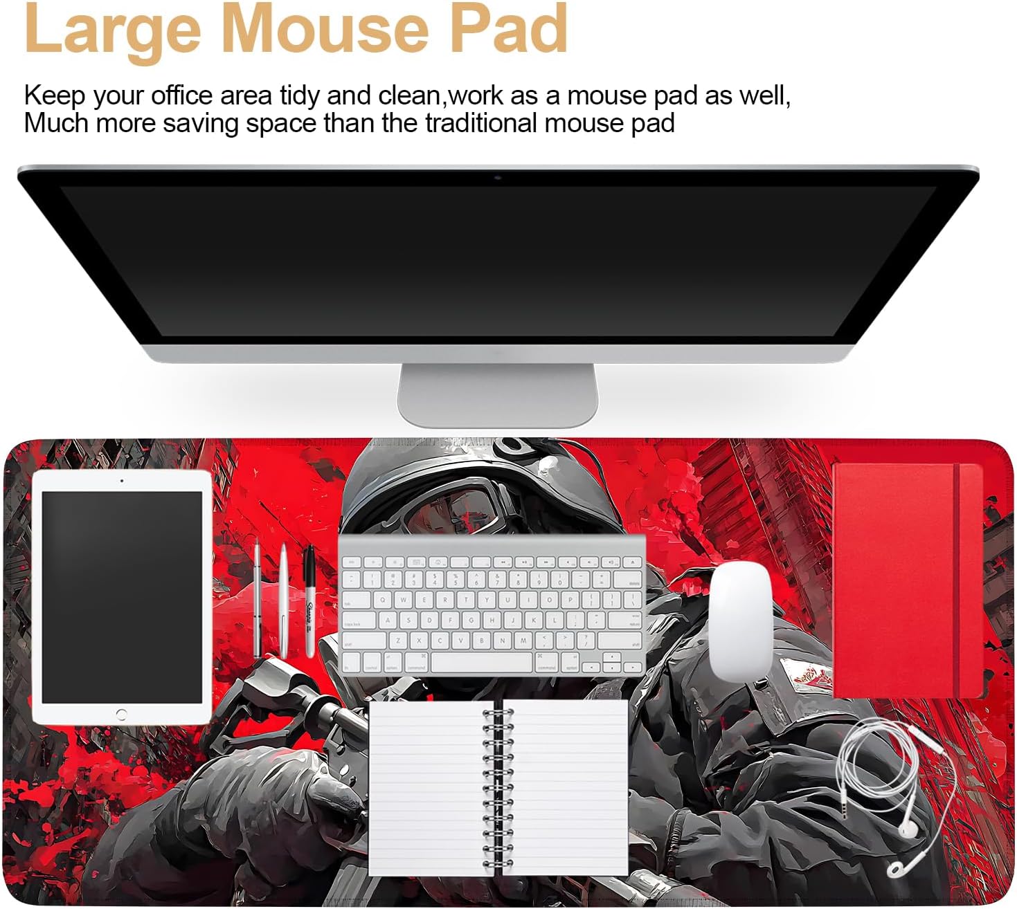 Large Extended Gaming Mouse Pad - Military Soldier Design, Soft Fabric Desk Mat with Non-Slip Rubber Base, Extra Long Mousepad for Gaming, Office, Keyboard & Mouse, 35.43 x 15.75 in