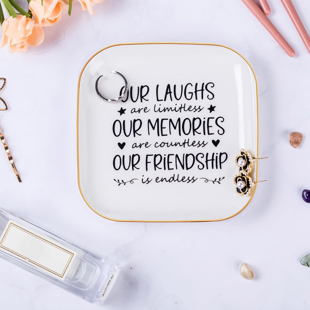 Piudee Friendship Gifts for Women Best Friend Jewelry Dish, Our Laughs are Limitless, Our Memories are Countless, Our Friendship is Endless Unique Gifts for Women, Female Friend Birthday Christmas