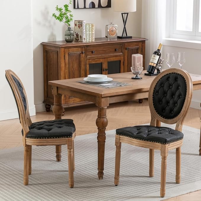 French Country Dining Chairs Set of 6, Black Kitchen & Dining Room Chairs, Faux Leather Tufted Upholstered, Wood Legs, Sillas De Comedor (PU, Black, 6Pcs)