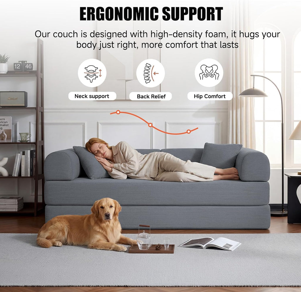 79" Boneless Couch for Living Room,Convertible Futon Sleeper Sofa Bed | 6-In-1 Boneless Couch,Corduroy Sleeper Sofa Bed with Pillows,Modular Floor Loveseat Pull Out Couch, No Assembly, Dark Gray