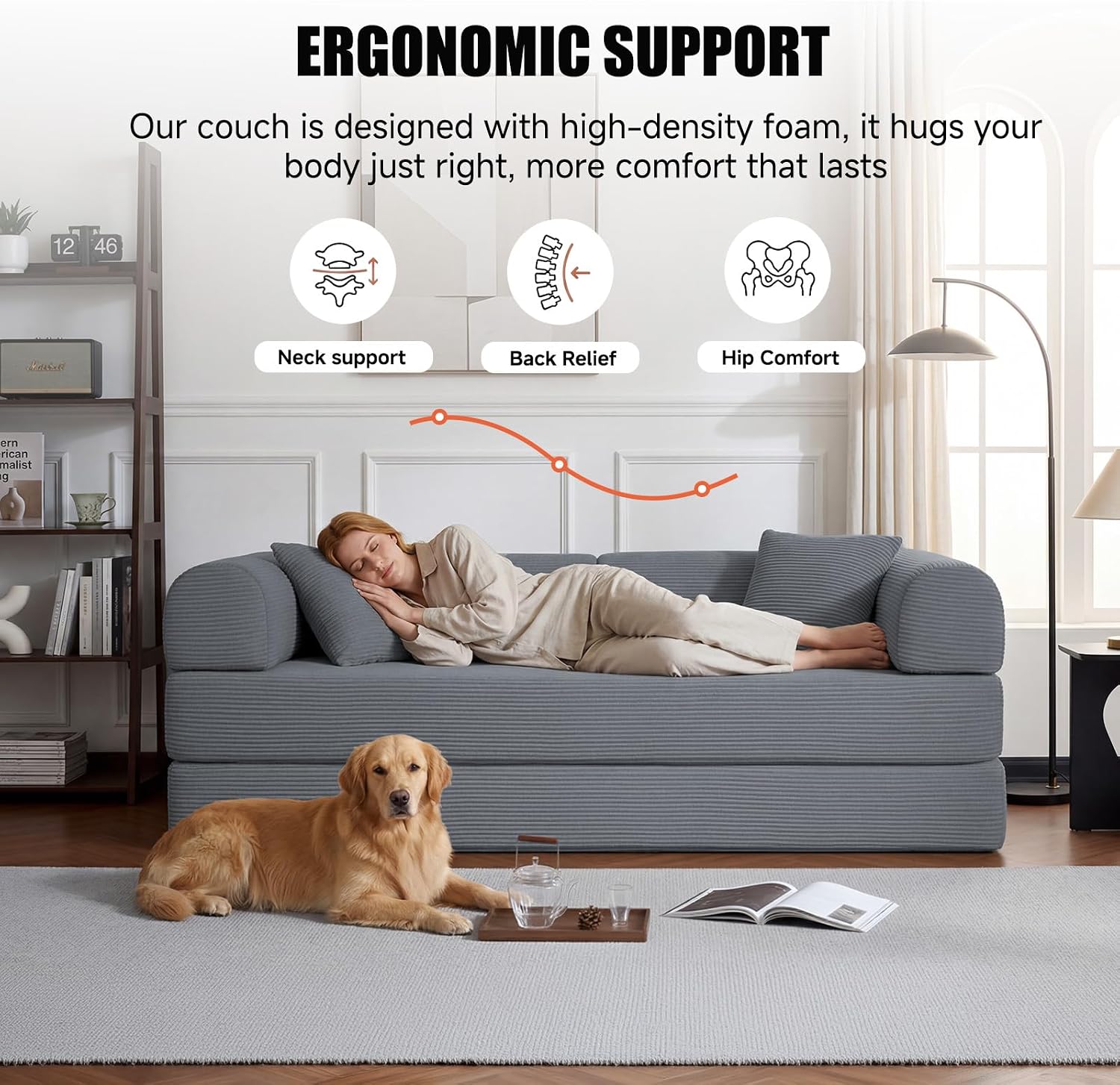79" Boneless Couch for Living Room,Convertible Futon Sleeper Sofa Bed | 6-In-1 Boneless Couch,Corduroy Sleeper Sofa Bed with Pillows,Modular Floor Loveseat Pull Out Couch, No Assembly, Dark Gray