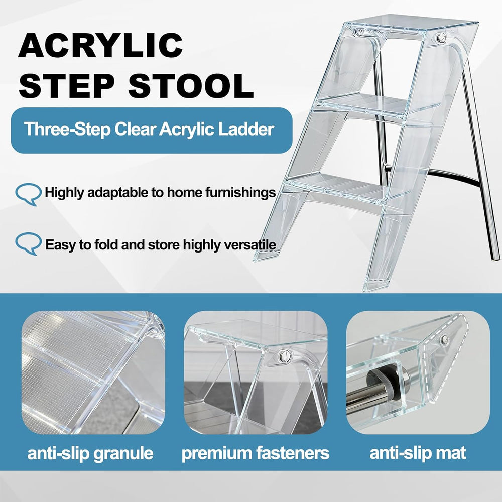 Transparent Acrylic 3-Step Folding Step Stool, 220 lbs Weight Capacity, Sleek...
