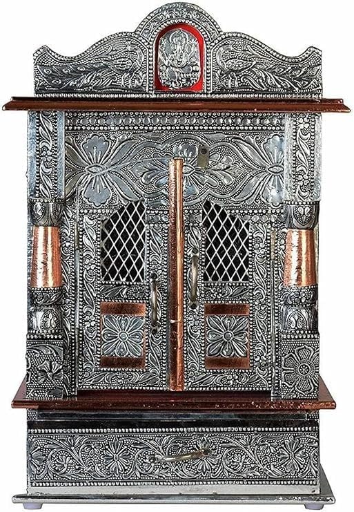 Oxidized Metal Pooja Mandir with Doors and Drawer, Silver, Ganesha Embossed, ...