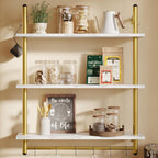 Bestier 31" Industrial Pipe Shelving, Floating Kitchen Wall Shelves 3 Tier Coffee Bar Shelves for Wall with 8 Hooks, Hanging Display Shelf Bookshelf for Living Room Bathroom, White Marble