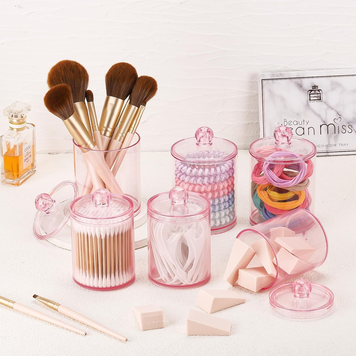 Tbestmax 6 Pack Qtip Holder - 12 oz, 10 oz Bathroom Organizer and Storage Containers, Plastic Apothecary Jars with Lids for Cotton Ball, Cotton Swab, Floss, Pink