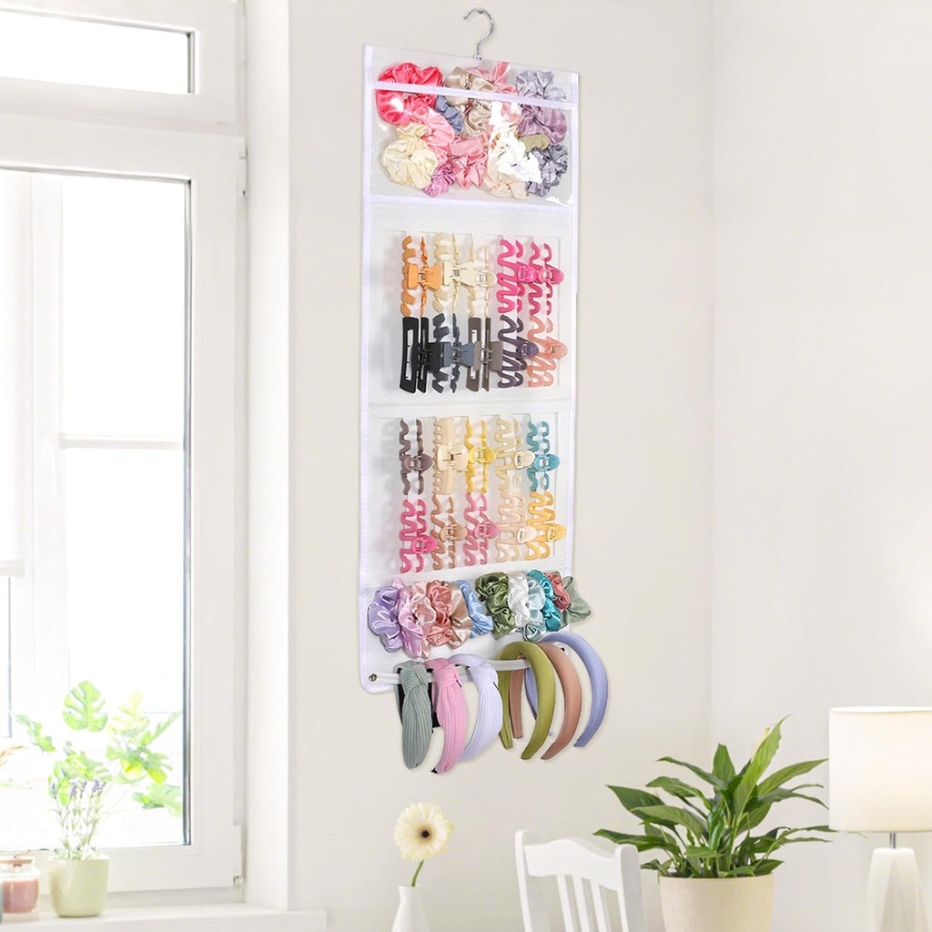 SNOWSTAR Hair Claw Clip Organizer, Large Transparent Bag for Scrunchies Holder and Hair Ties Organizer with Women Girls, Hair Accessorie Hanging Storage Home Decor Wall, Door
