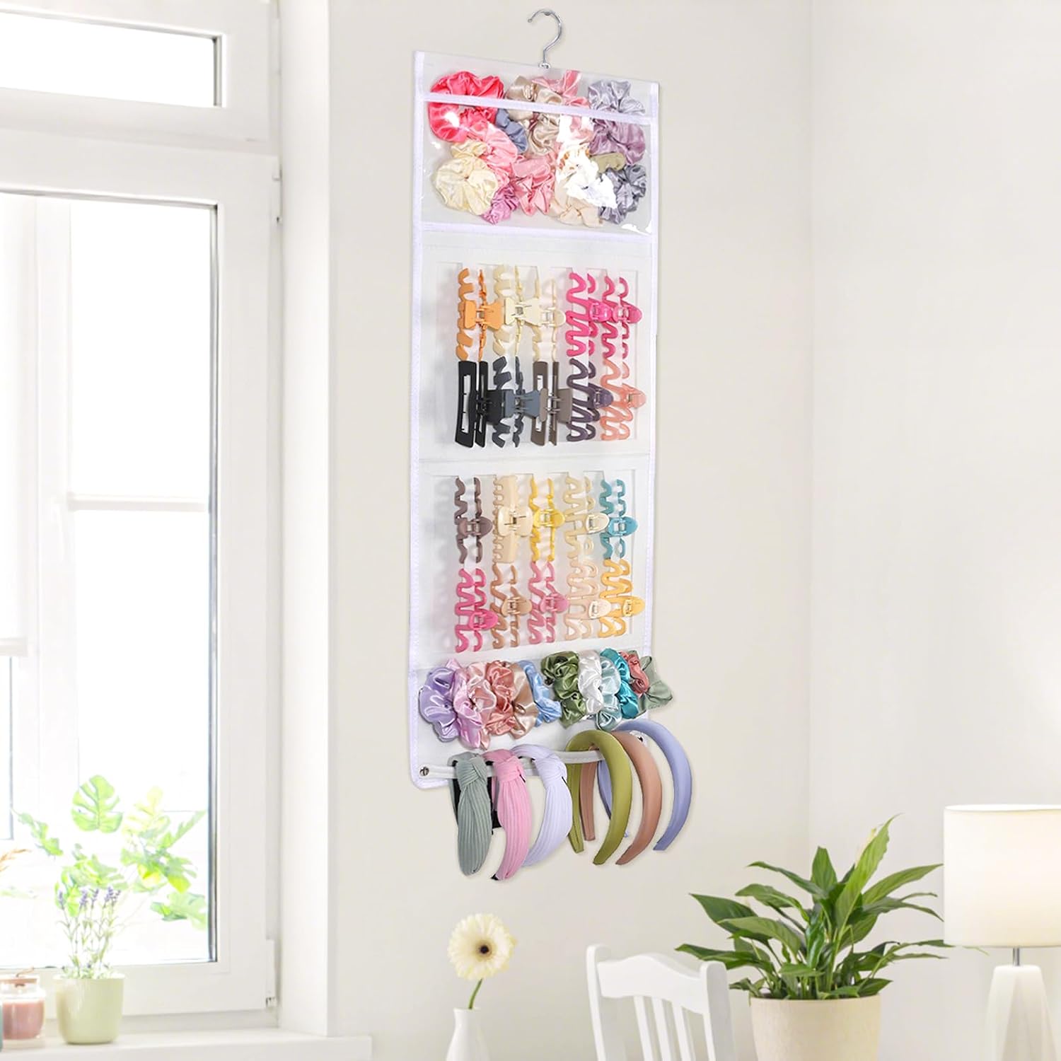 SNOWSTAR Hair Claw Clip Organizer, Large Transparent Bag for Scrunchies Holder and Hair Ties Organizer with Women Girls, Hair Accessorie Hanging Storage Home Decor Wall, Door