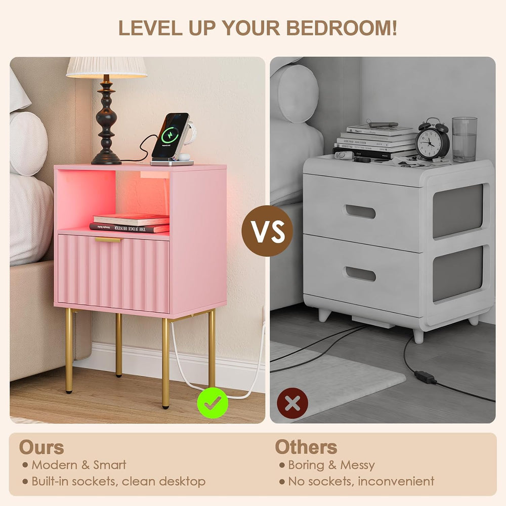 Nightstand with Charging Station and LED Lights, Modern Pink Bedside Table wi...