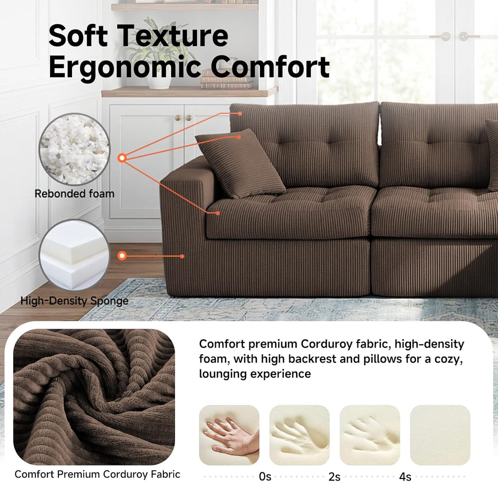 113" L-Shaped Modular Sectional Sofa Chaise Boneless Couch No Assembly | Corduroy Boneless Sectional Couch with Deep Seat, Couches for Living Room, Bedrom, Couch in a Box, Light Gray
