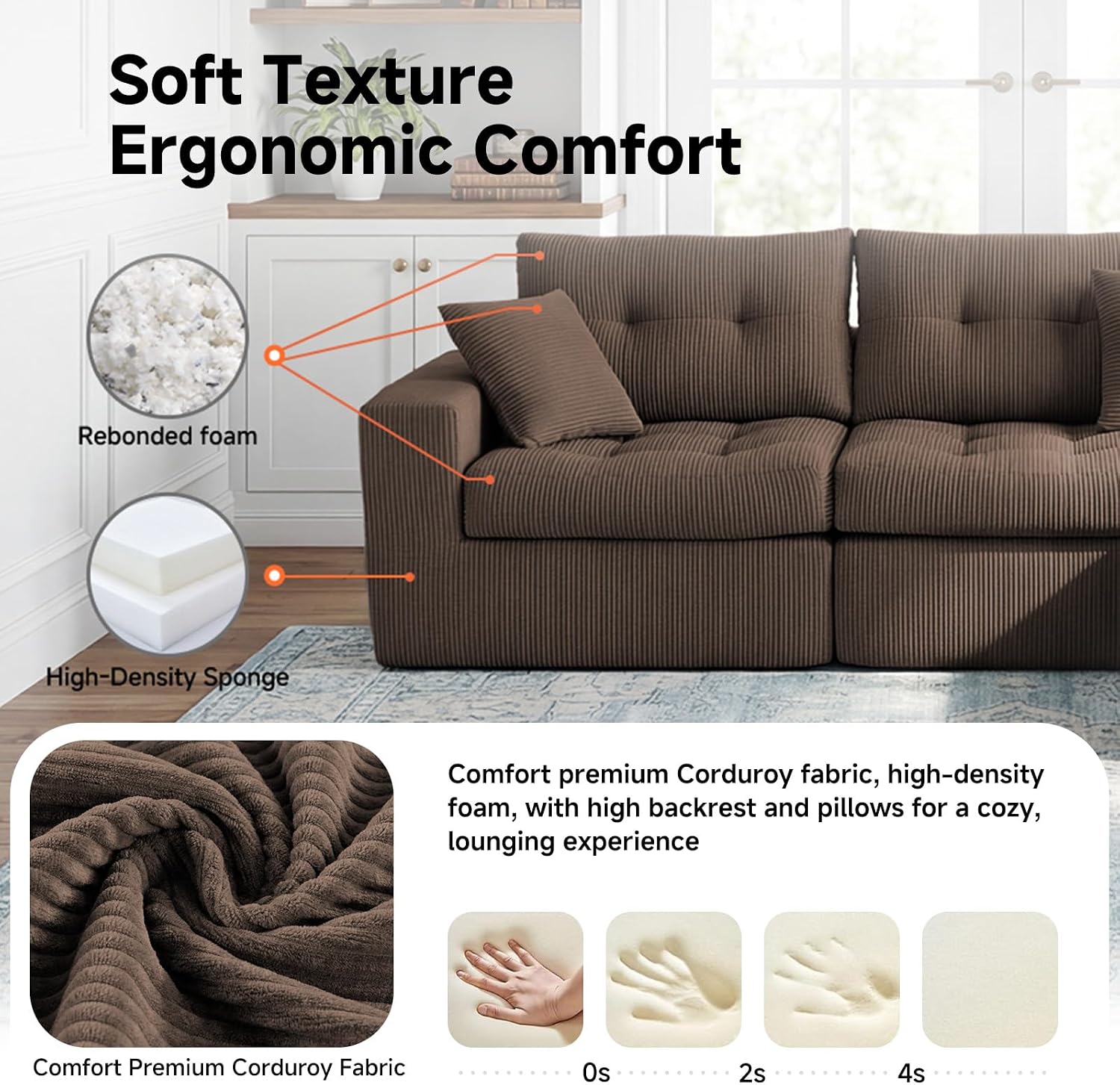 113" L-Shaped Modular Sectional Sofa Chaise Boneless Couch No Assembly | Corduroy Boneless Sectional Couch with Deep Seat, Couches for Living Room, Bedrom, Couch in a Box, Light Gray
