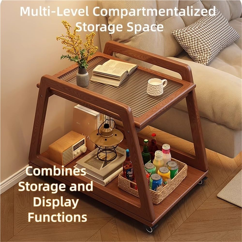 Movable Sofa Side Table with Glass, 2 Tier End Table with Wheels, Small Table...