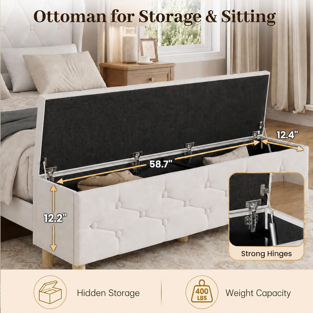 Upholstered Queen Bed Frame, 49.8" Tall Wingback Headboard, White