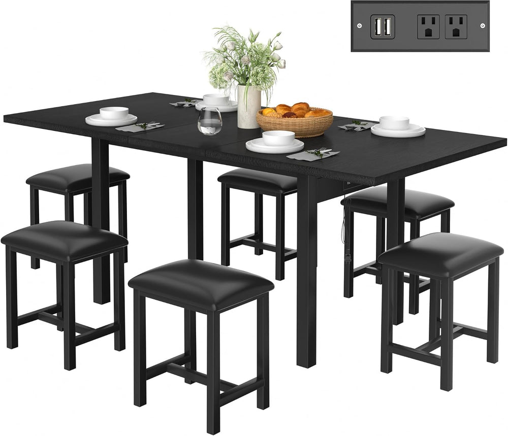 VECELO 7-Piece Dining Table Set with 6 Square PU Stools, 63" Expandable ...