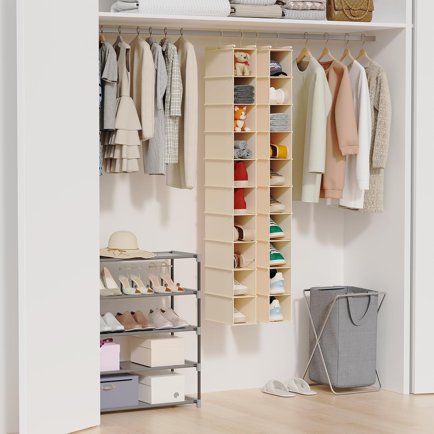 MAX Houser 10-Shelf Hanging Shoe Shelf Organizer for Closet Beige | Foldable Hanging Shoe Storage Shelf with 2 Metal Hooks, Space Saving Storage for Narrow Space