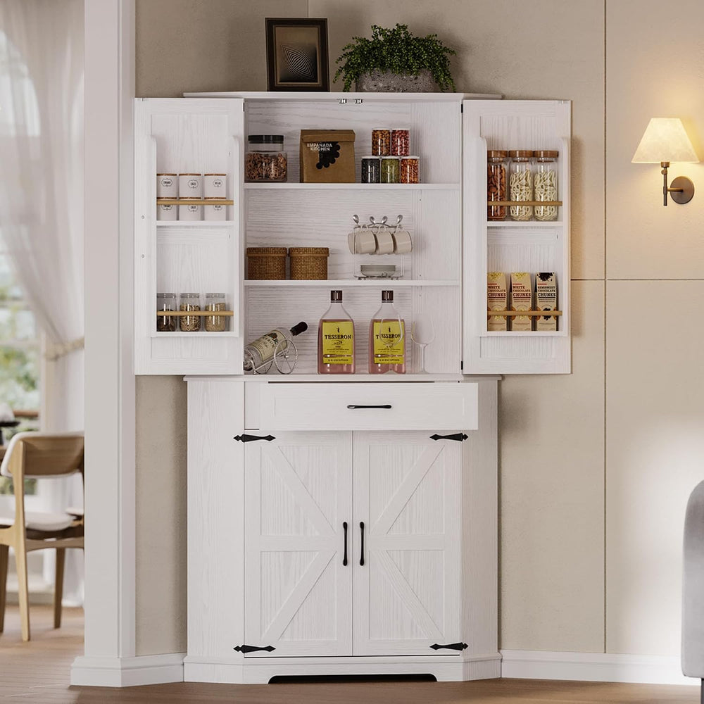IRONCK 72" Corner Pantry Cabinet with Drawer and 4 Doors, White | Kitche...