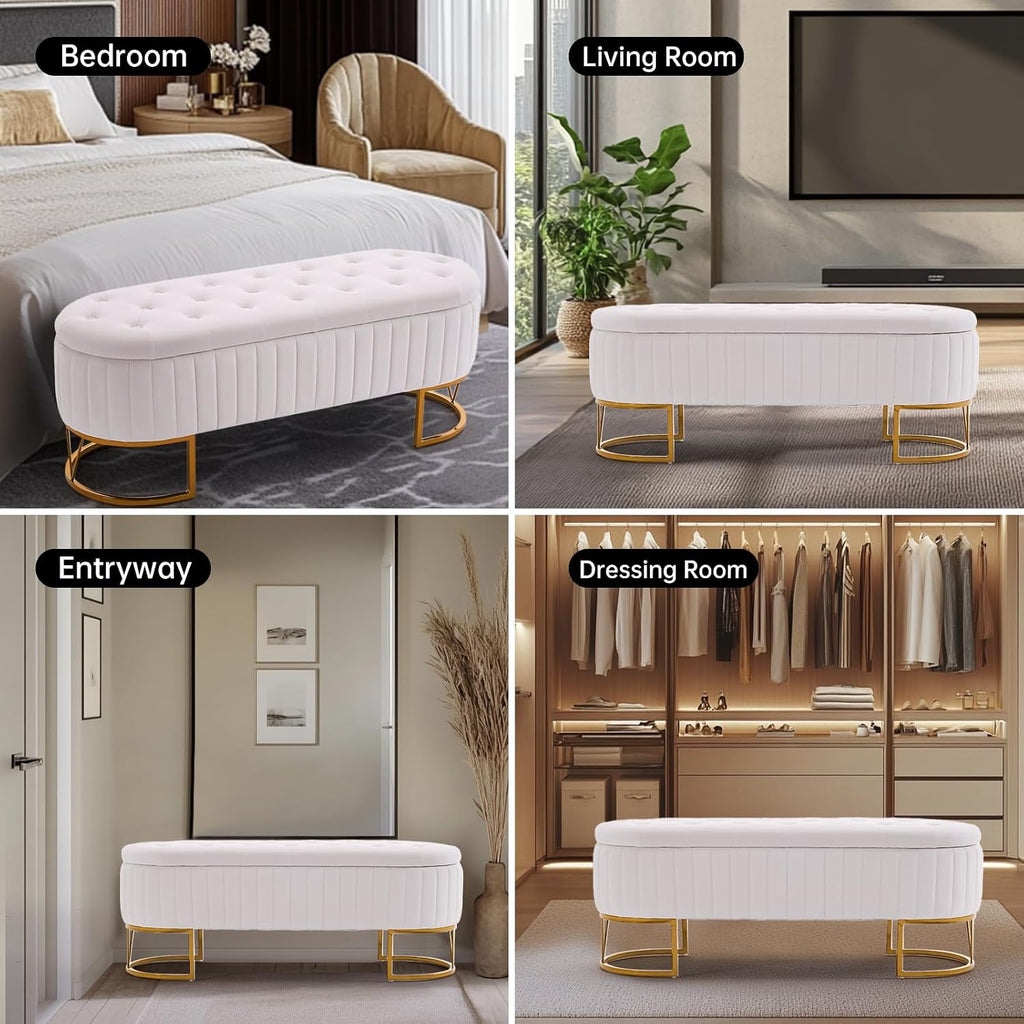 Tufted Storage Ottoman Bedroom Bench, 46" End of Bed Bench with Gold Metal Legs, Upholstered Footrest Stool for Dining, Living Room, Entryway and Hallway, Ivory