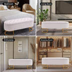 Tufted Storage Ottoman Bedroom Bench, 46" End of Bed Bench with Gold Metal Legs, Upholstered Footrest Stool for Dining, Living Room, Entryway and Hallway, Ivory