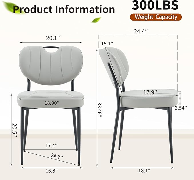 Modern Dining Chairs Set of 4, Grey Leather Dining Chairs for Dining Room and Kitchen, Dinning Chair with Oval Curved Backrest, Precision Stitching, Top Handle, 3.54" Thick Cushion Seat, Metal Legs