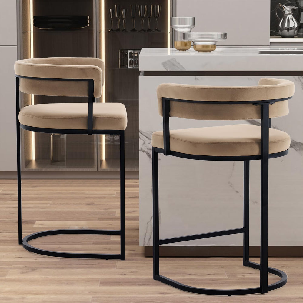 Set of 2 Brown Modern Velvet Bar Stools with Barrel Backrest, Upholstered Sea...