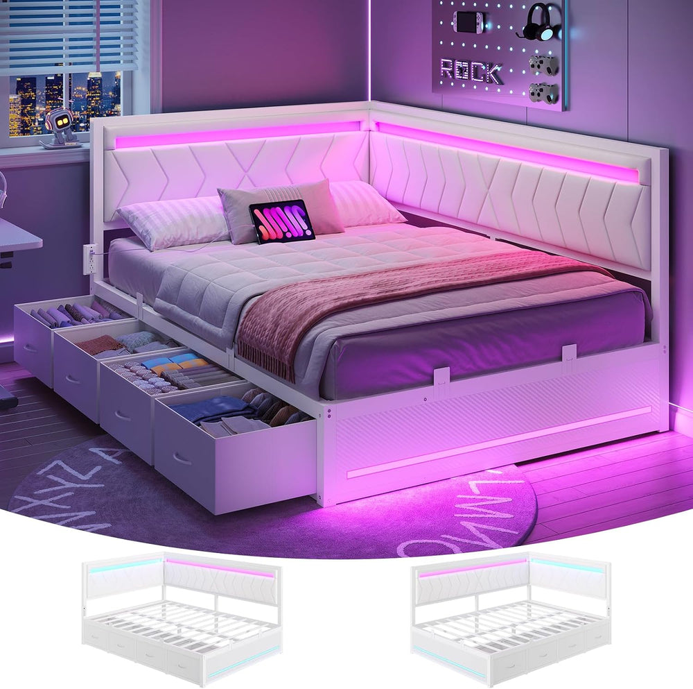 Full Corner Bed Frame with 4 Storage Drawers and Charging Station, White