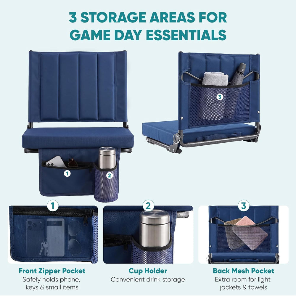 OLIXIS Stadium Seats with Back Support 2-Pack, Bleacher Chairs, Navy