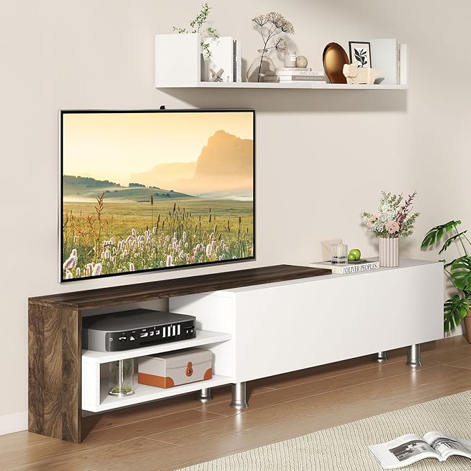 Tangkula White TV Stand with 2 Wall Shelves, Modern Entertainment Center for TVs up to 80 Inches, TV Cabinet with 2 Storage Compartments and Cabinet, Media Console Table for Living Room (White, 3 pcs)