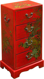 Oriental Bright Red Golden Flower Bird Graphic Drawers Chest Aws5065