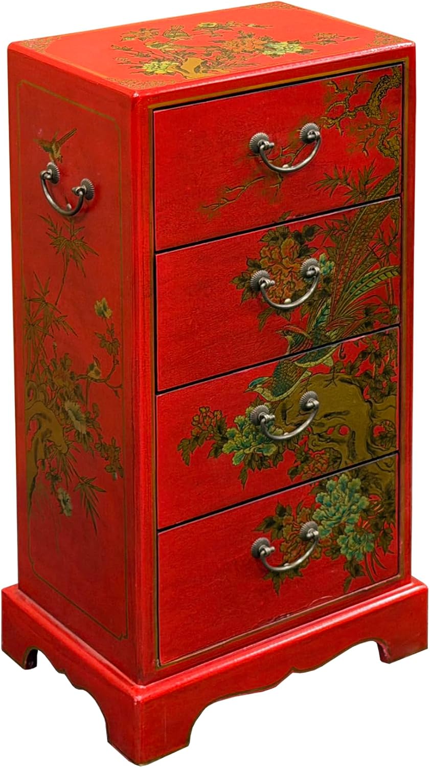 Oriental Bright Red Golden Flower Bird Graphic Drawers Chest Aws5065