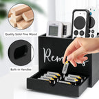 Remote Control Holder, 2 Slot TV Remote Holder& Desk Organizer with Drawers, Remote Organizer Caddy for Table, Wooden Remote Box for Nightstand,Media Storage Box for Living Room, Bed (Black)