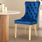 Velvet Upholstered Dining Chairs Set of 6, Modern Style Kitchen Side Chairs with Nailhead Trim and Gold Plated Leg, Metal Pulling Ring for Dining Room Living Room(Blue-Gold Plated Leg)