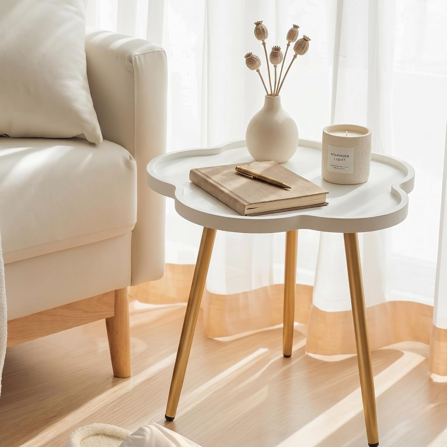 danpinera Round Side Table, Metal Legged Accent Table with Wooden Tray, Flower Tray Small Round End Table for Living Room, Bedroom, Nursery White & Gold
