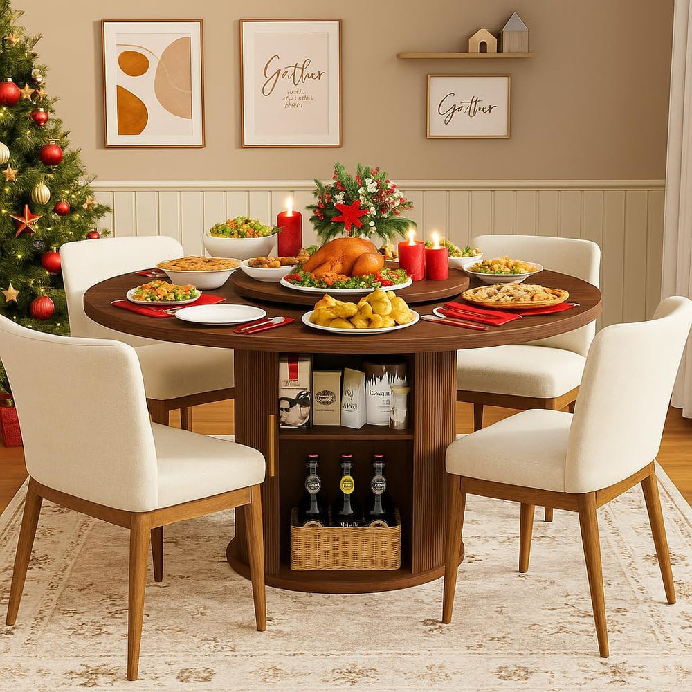 55" Round Dining Room Table with Lazy Susan, Mid-Century Modern Kitchen ...