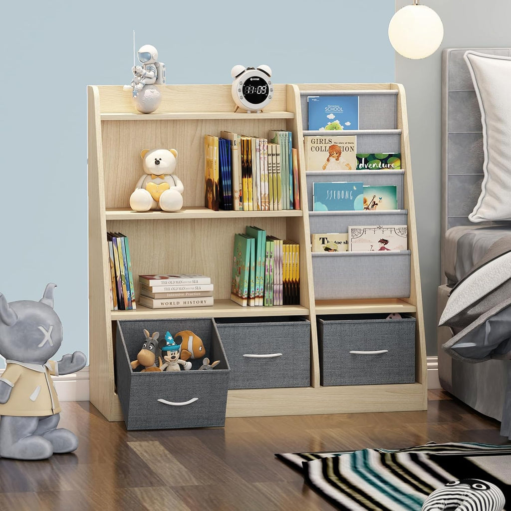 Kids Bookshelf Wood Montessori Toy Storage Organizer Cabinet Shelf Child Bookcase Toddler Baby Sling Book Rack 3 Cube Bin Fabric Drawers for Playroom Bedroom Nursery School