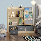 Kids Bookshelf Wood Montessori Toy Storage Organizer Cabinet Shelf Child Bookcase Toddler Baby Sling Book Rack 3 Cube Bin Fabric Drawers for Playroom Bedroom Nursery School