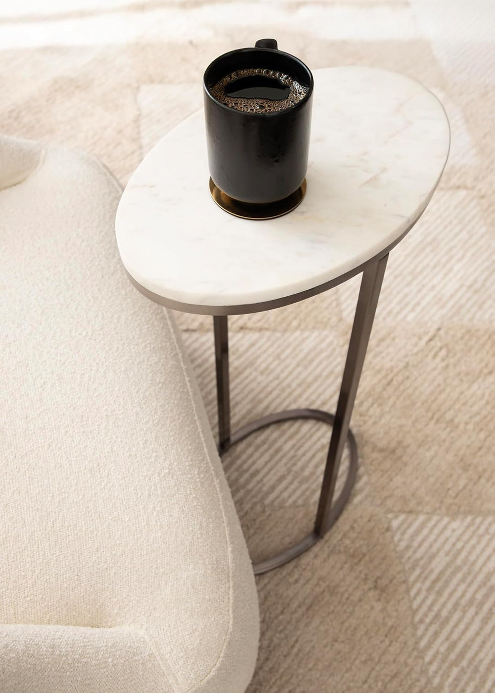 Kate and Laurel Natalli Modern Glam Oval C-Table, 14 x 9 x 28, White Marble a...