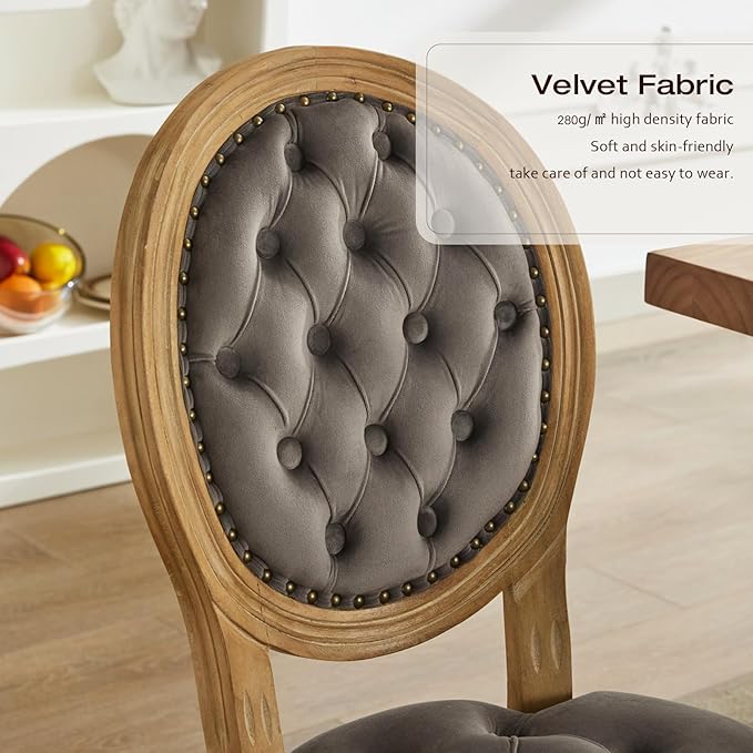 Upholstered Dining Chairs Set of 4 French Country Oval Fabric Back Kitchen Side Chair with Wood Legs for Dining Room, Kitchen, Restaurant(Grey-Velvet)