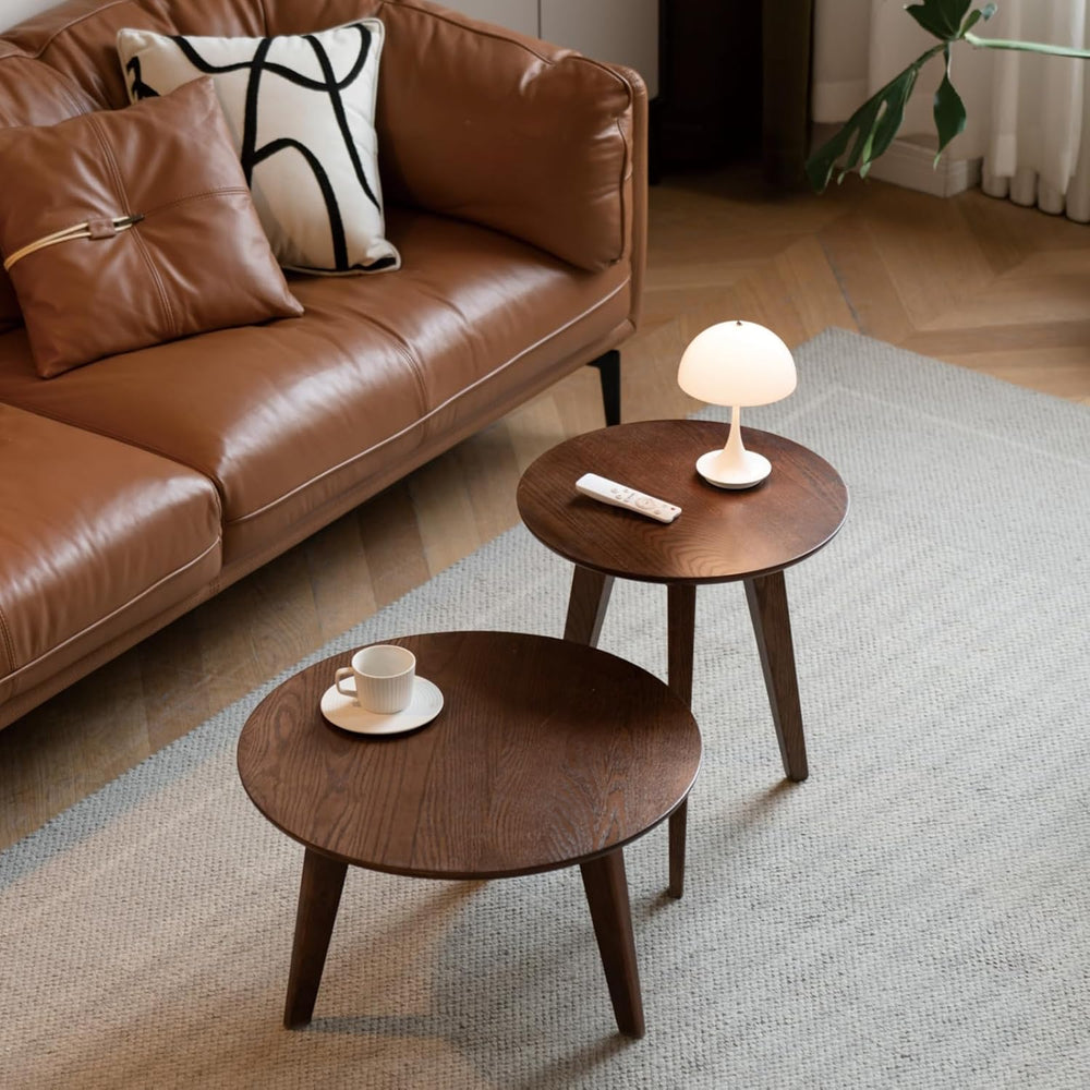 100% Solid Oak Wood Coffee Table Set, Round Coffee Table Combo Side Table w/S...