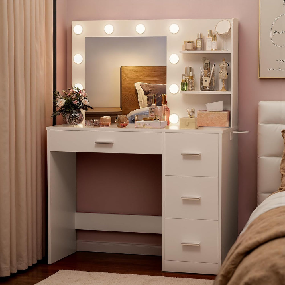 Furmax Vanity Desk with LED Lighted Mirror&Power Outlet, Makeup Vanity Ta...
