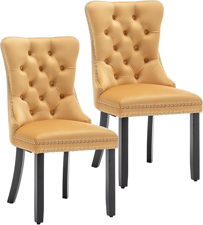 Mid Century Modern Dining Chair Set of 2 Velvet Upholstered Dining Accent Chair Farmhouse Dining Chairs with High Back and Nailhead Trim for Kitchen, Living Room, Bedroom (Gold)
