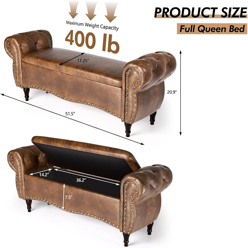 ZZW Storage Ottoman Bench, 51" Length Upholstered End of Bed Storage Ben...