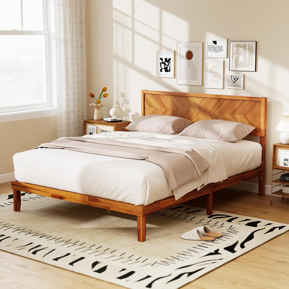GOFLAME Queen Size Wood Bed Frame, Mid-Century Modern Platform Bed with Headb...