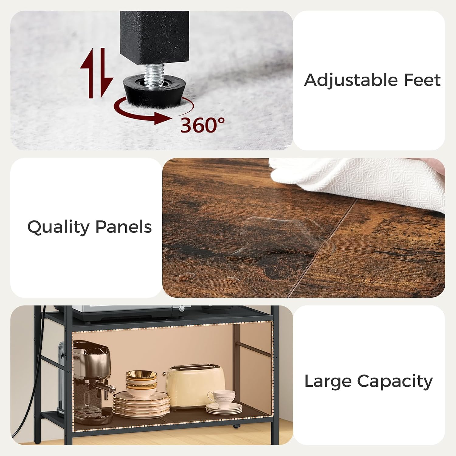 MAHANCRIS Bakers Rack with Power Outlet, Kitchen Storage Shelf with 6 Hooks, Microwave Stand with Storage, 4-Tier Coffee Bar Station, for Kitchen, Dining Room, Rustic Brown and Black BRHR351E01